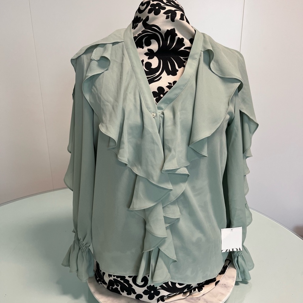 Zara Chic Ruffled Blouse in Soft Green